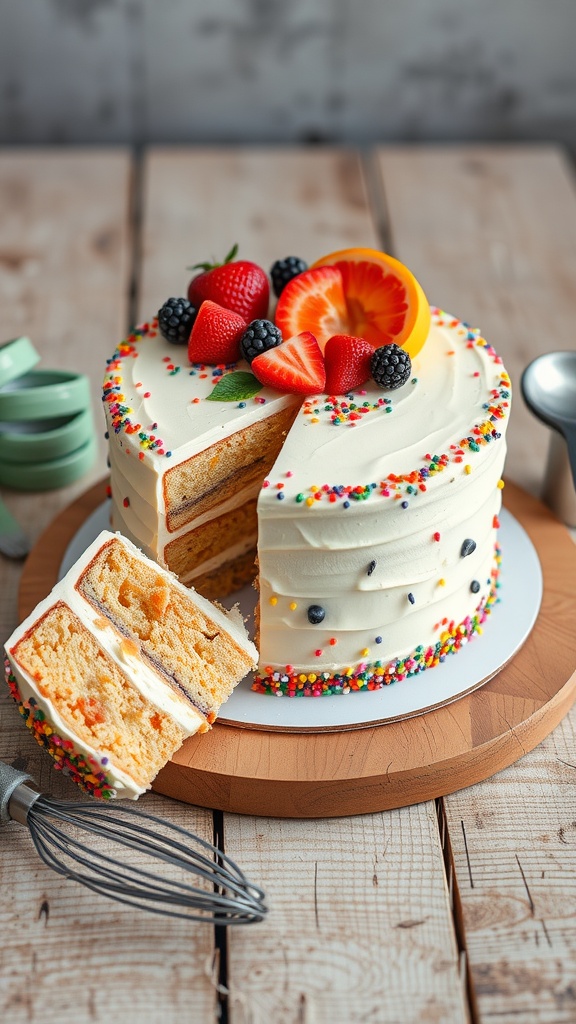 A decorated cake with fresh fruits and sprinkles on a wooden table, with a slice cut out.